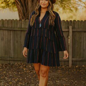 Elan Navy Tiered Dress w/ Red & Yellow Stripes Boho Bohemian Western Cowgirl